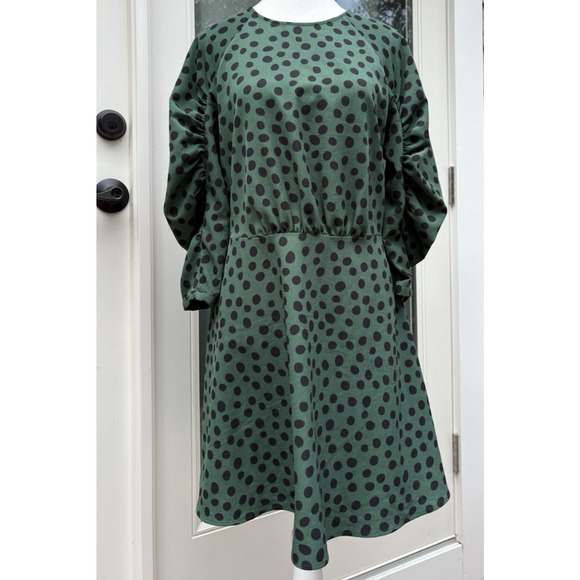 Women's Small Polka Dot Puff Sleeve Dress Green Black Retro Modest Fit & Flare - Picture 4 of 13